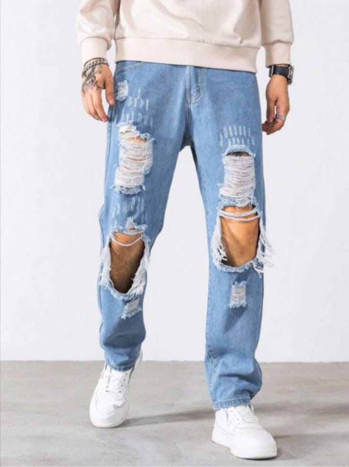DEVIL-DENIM Men's Cotton Cut-Out Ribbed Frated Cat Scratches Jeans